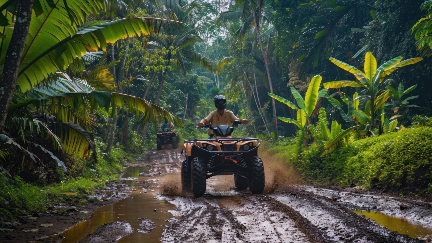 Quad riders in helmets following their guide in single file along a sunlit jungle trail near Pattaya