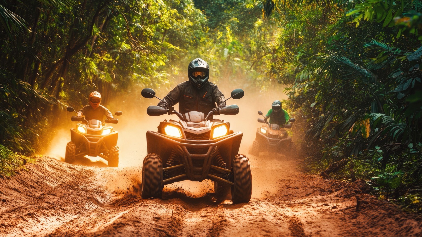 Three quad riders in helmets kicking up orange dust along a sunlit jungle trail near Pattaya